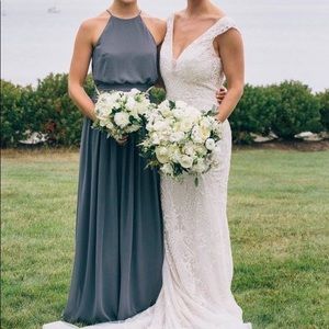 Dark grey BHLDN chiffon maxi/bridesmaid dress